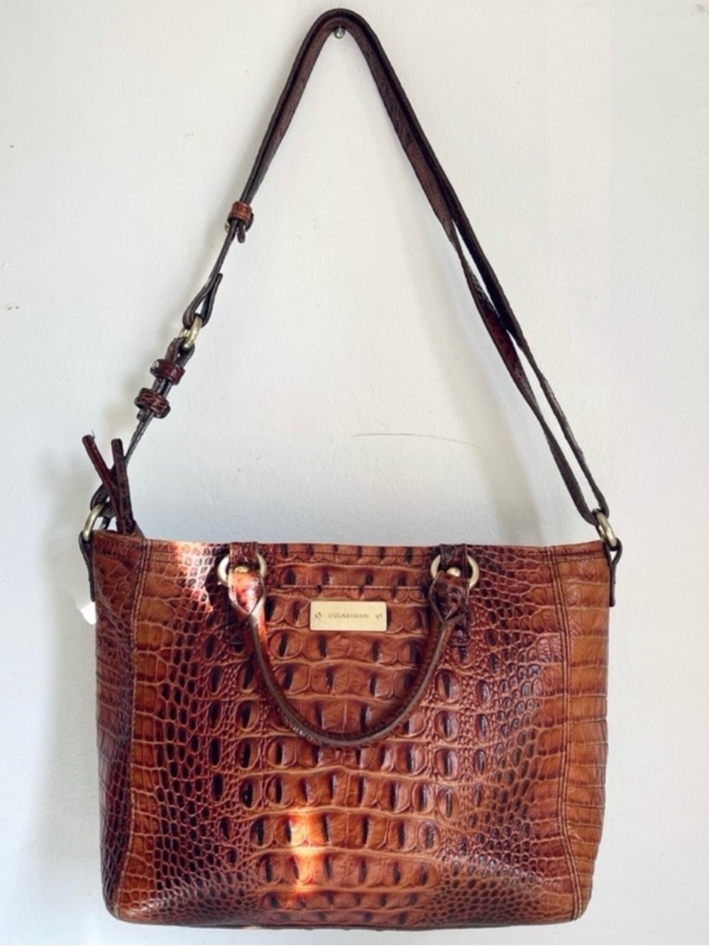 Brahmin Mini Asher Satchel Cognac Croc-Embossed Convertible Shoulder Bag